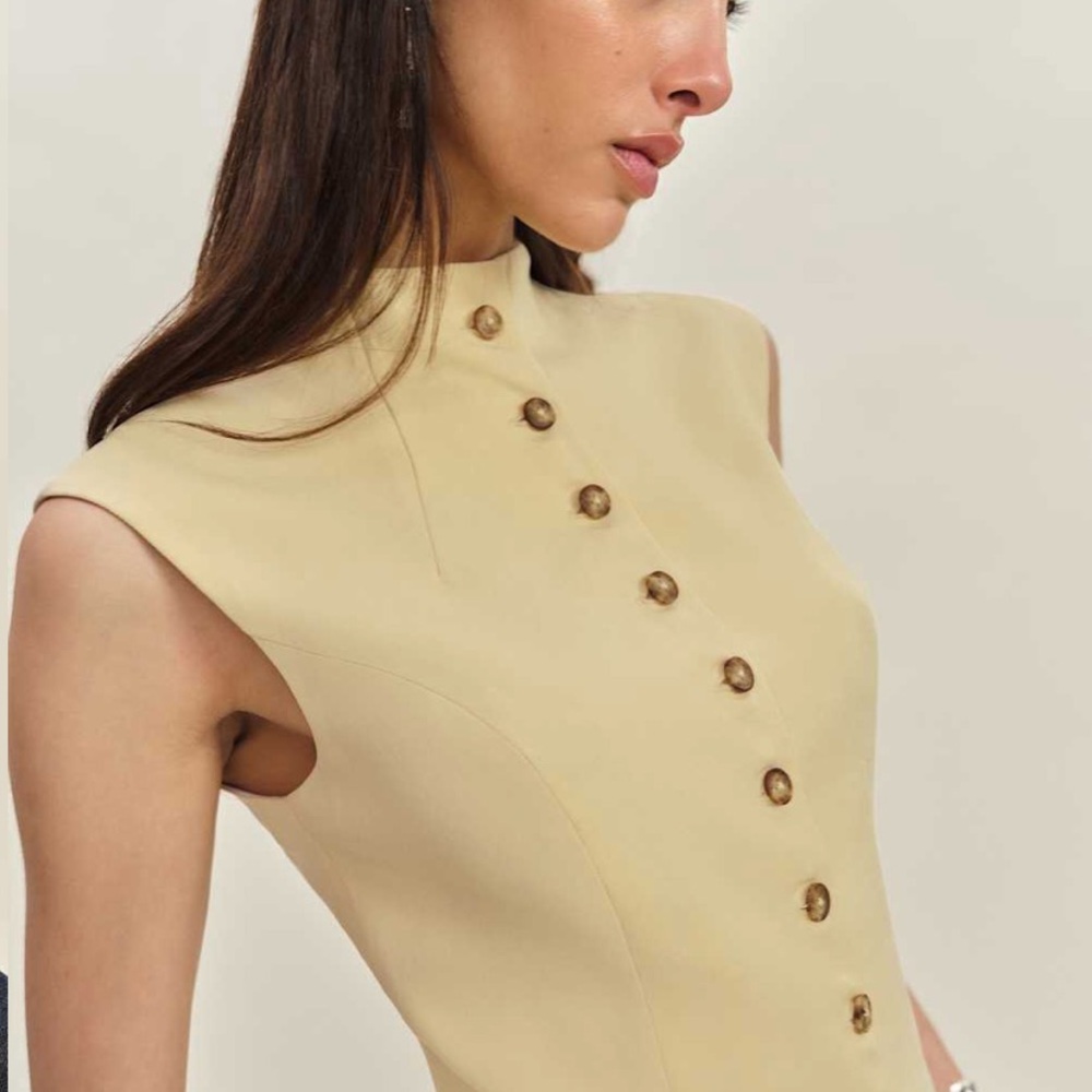 Reformation Cream Sleeveless Mock-Neck Shell with Button Front